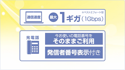 通信速度は最大1ギガ（1Gbps）のベストエフォート型サービス。光電話は、今お使いの電話番号をそのままご利用いただけます。さらに発信者番号表示も付いています。